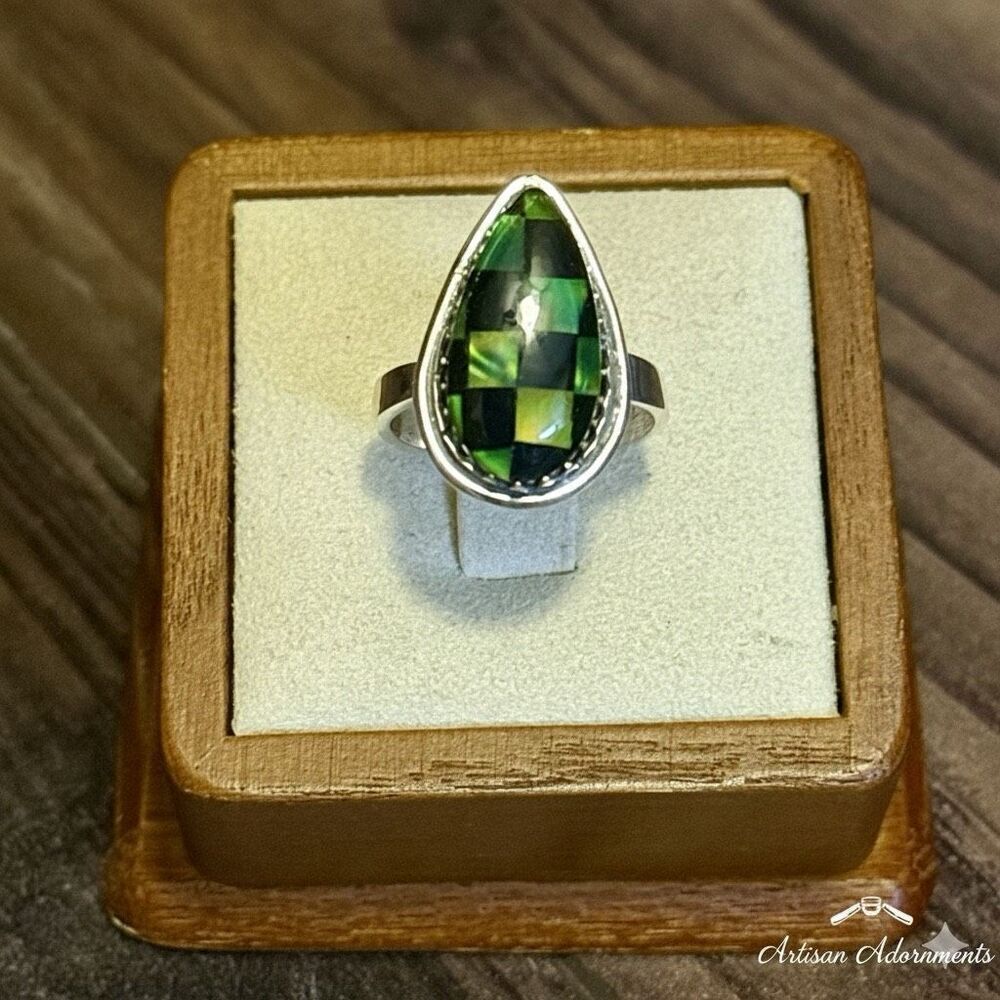 Southwest Aurora Opal & Onyx Checkerboard Sterling Silver Boho Adjustable Ring